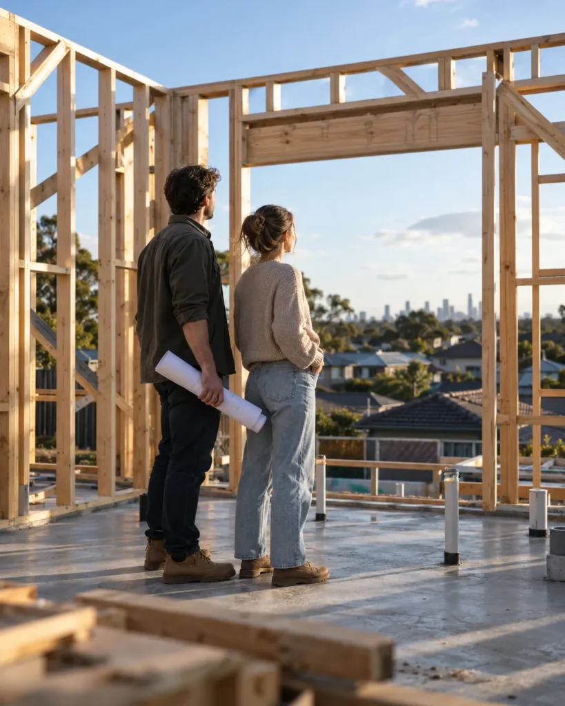 Couple standing in the timber frame of their new home under construction in Victoria