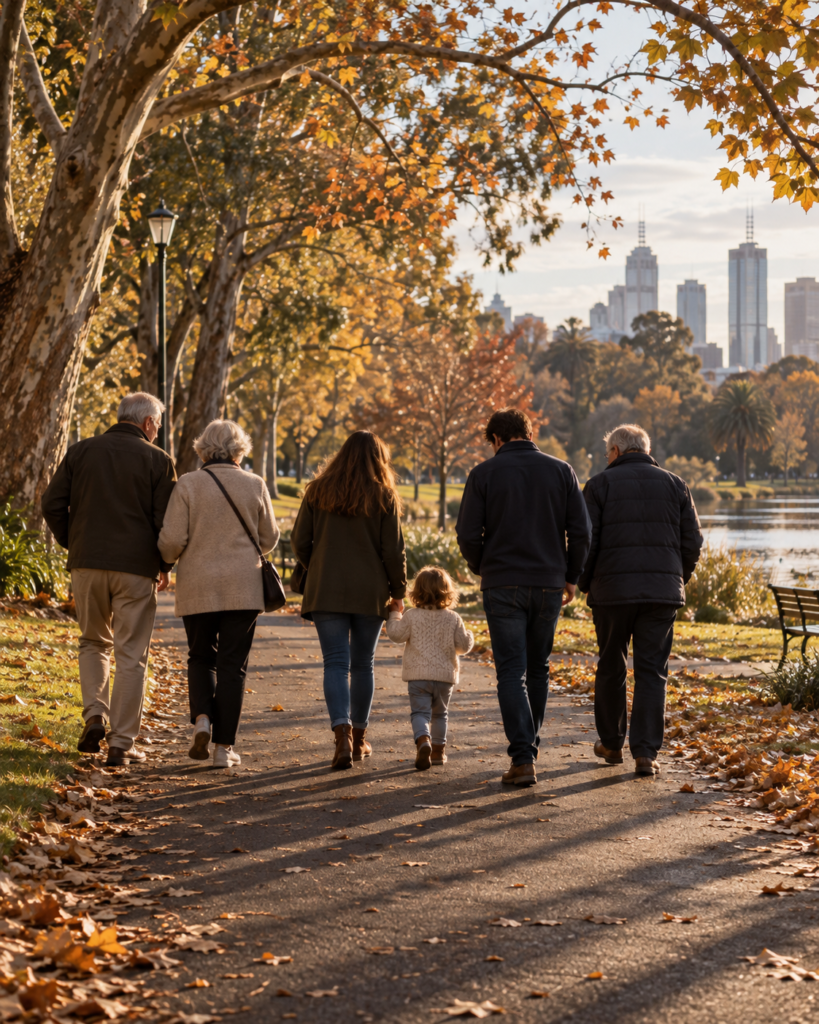 Three generations of a family walking together in a park