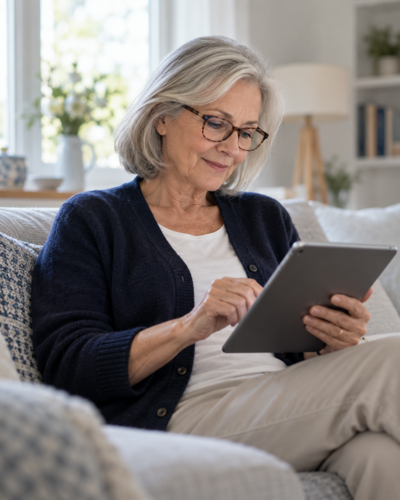 Woman filling in her will instructions on a tablet at home