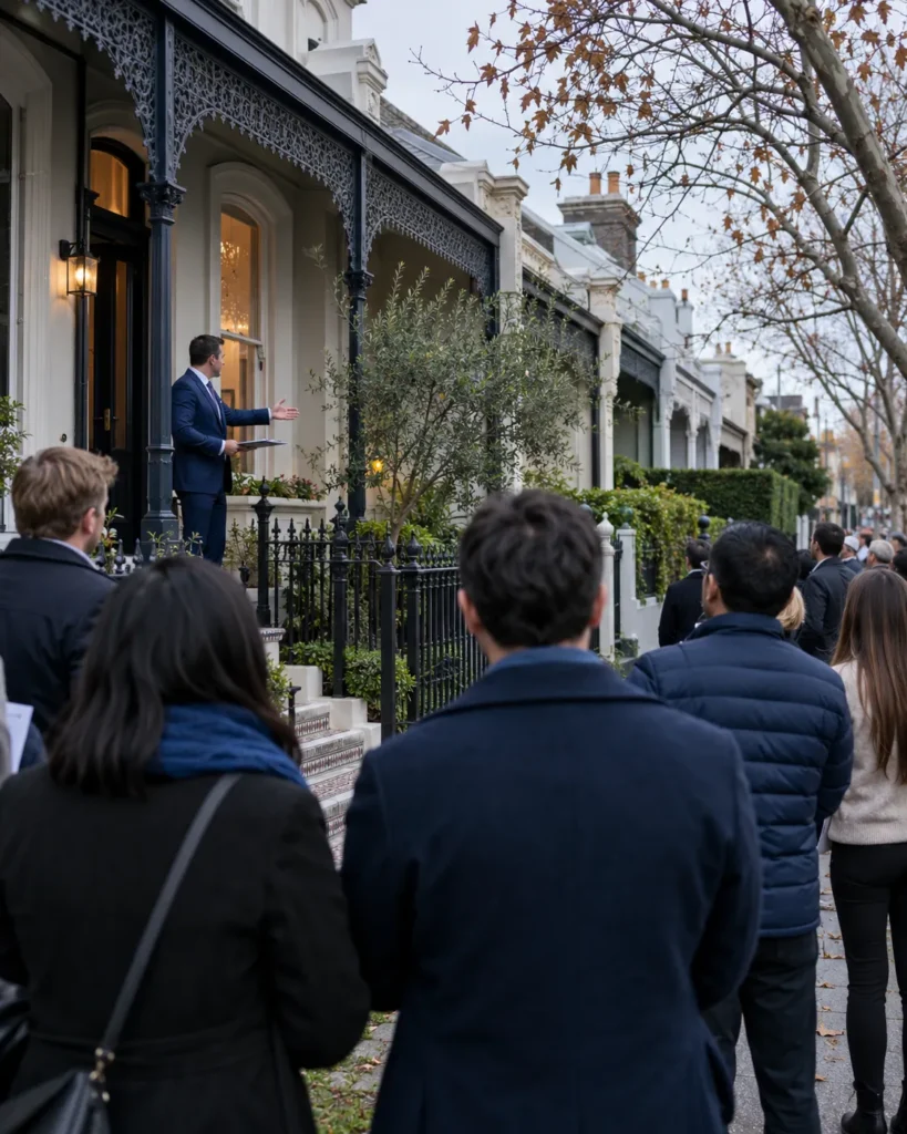 Buyers gathered outside a Melbourne terrace house on auction day