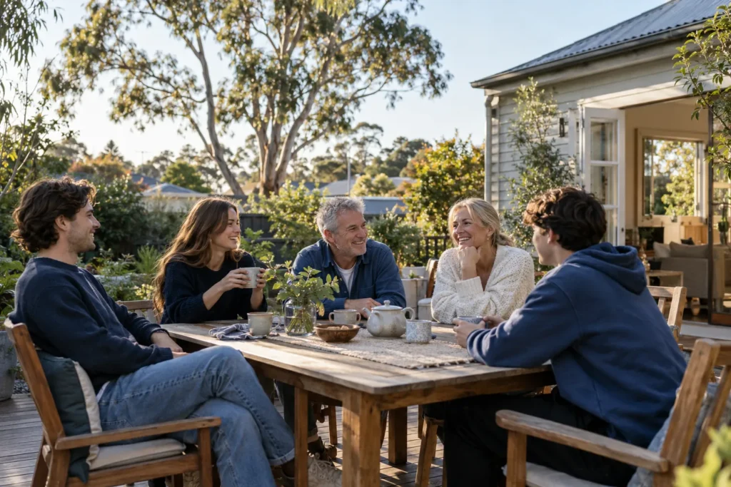 Blended family relaxing together in a leafy Melbourne backyard