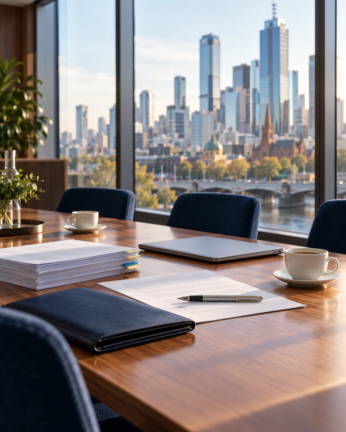 A meeting room used by business lawyers in Melbourne, with contracts, a pen and coffee cups on a table overlooking the CBD and the Yarra River
