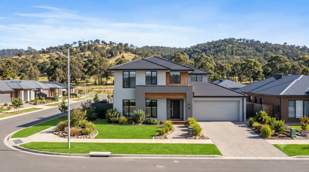 New home in a growth estate in regional Victoria, built as a house and land package