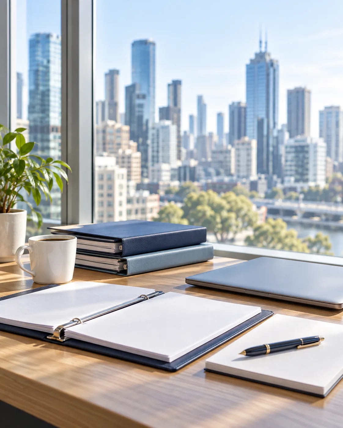Lawyer's desk with client files, a notepad and coffee beside a window overlooking the Melbourne CBD