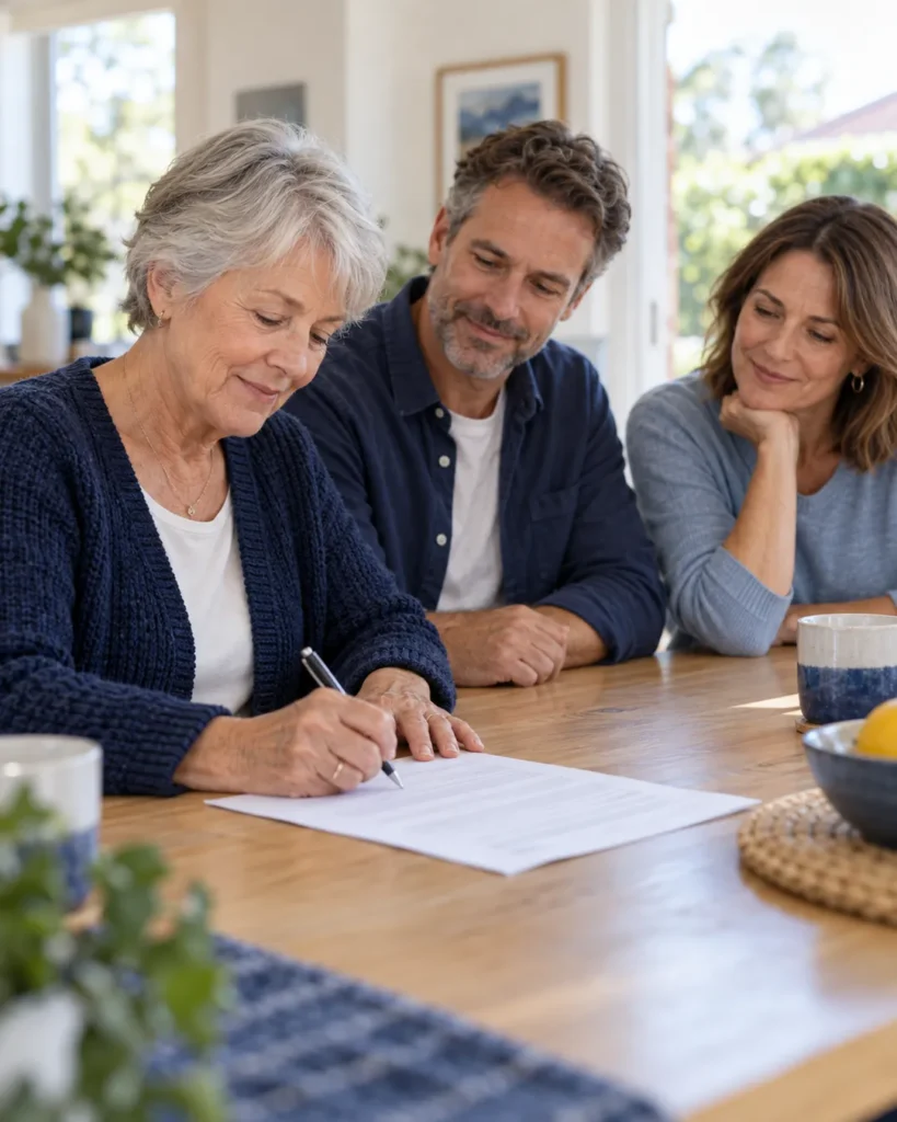Woman signing her will at a dining table while two witnesses watch