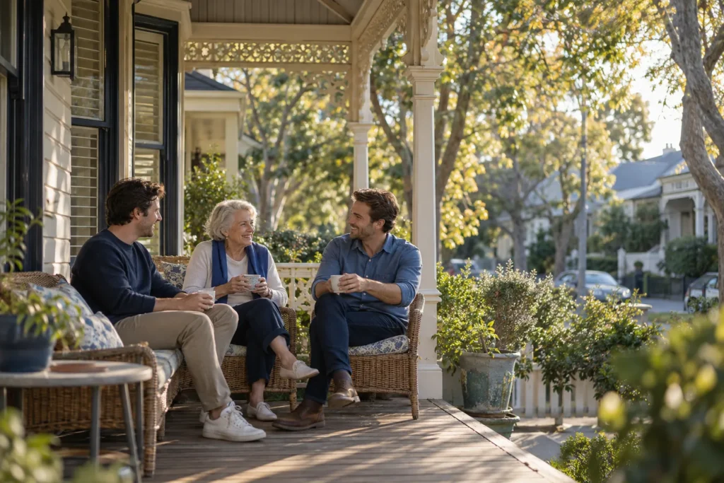 Mother talking with her two adult sons on the verandah of a Melbourne home