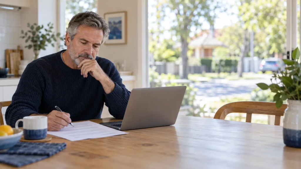 Man filling in his will instructions at the kitchen table